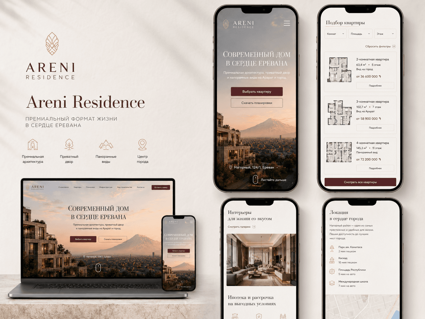 Сайт жилого комплекса Areni Residence на компьютере и смартфонах